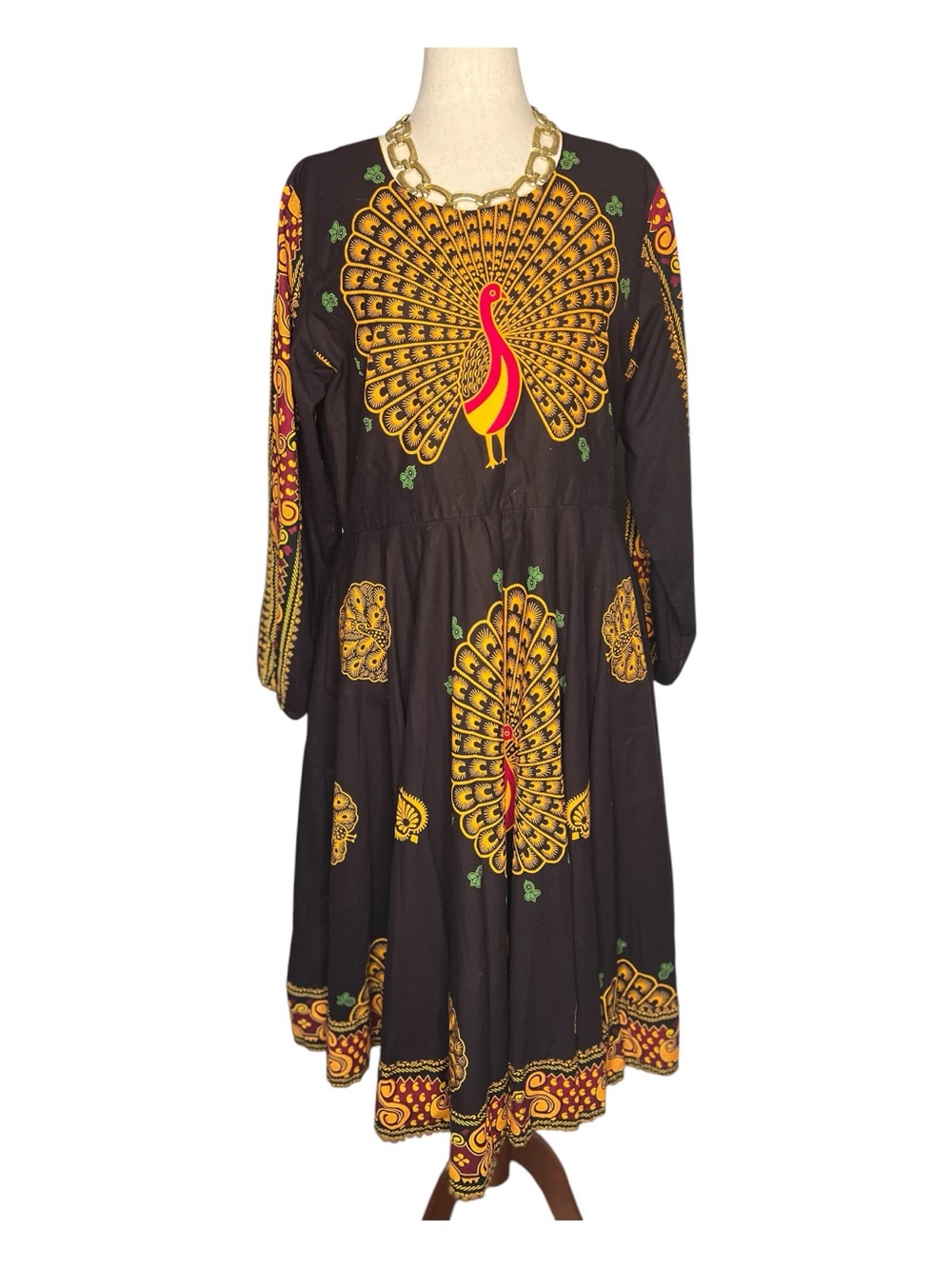 HANDMADE Peacock Print A-Line Midi Dress w/Pockets P2P 21” SZ Fits L/XL